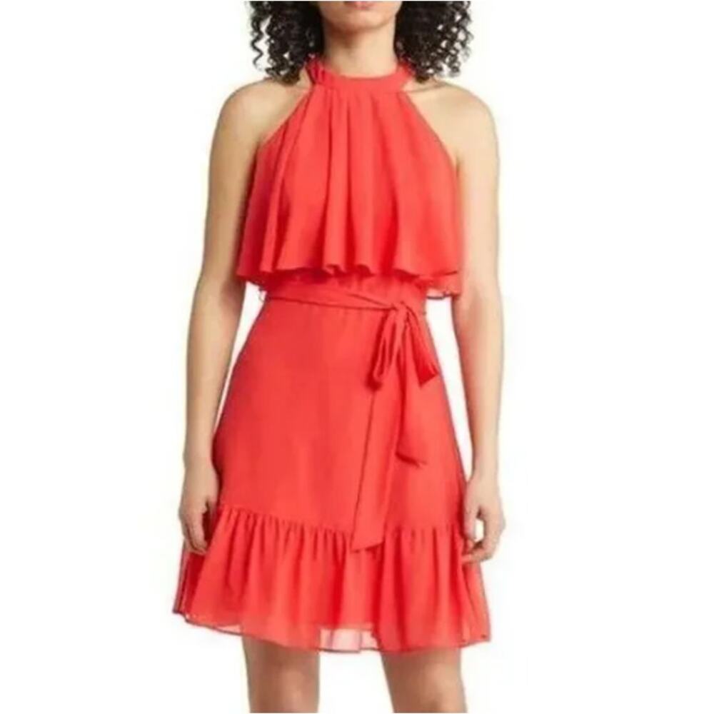 New ~ ELIZA J. ~ Women's Red Mini Ruffle Belt Tiered Flowy Dress Size 2